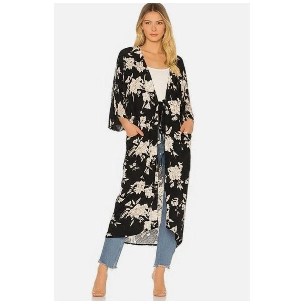 Spiritual Gangster Floral Kimono Duster Black White Tie Front Rayon Pockets OS